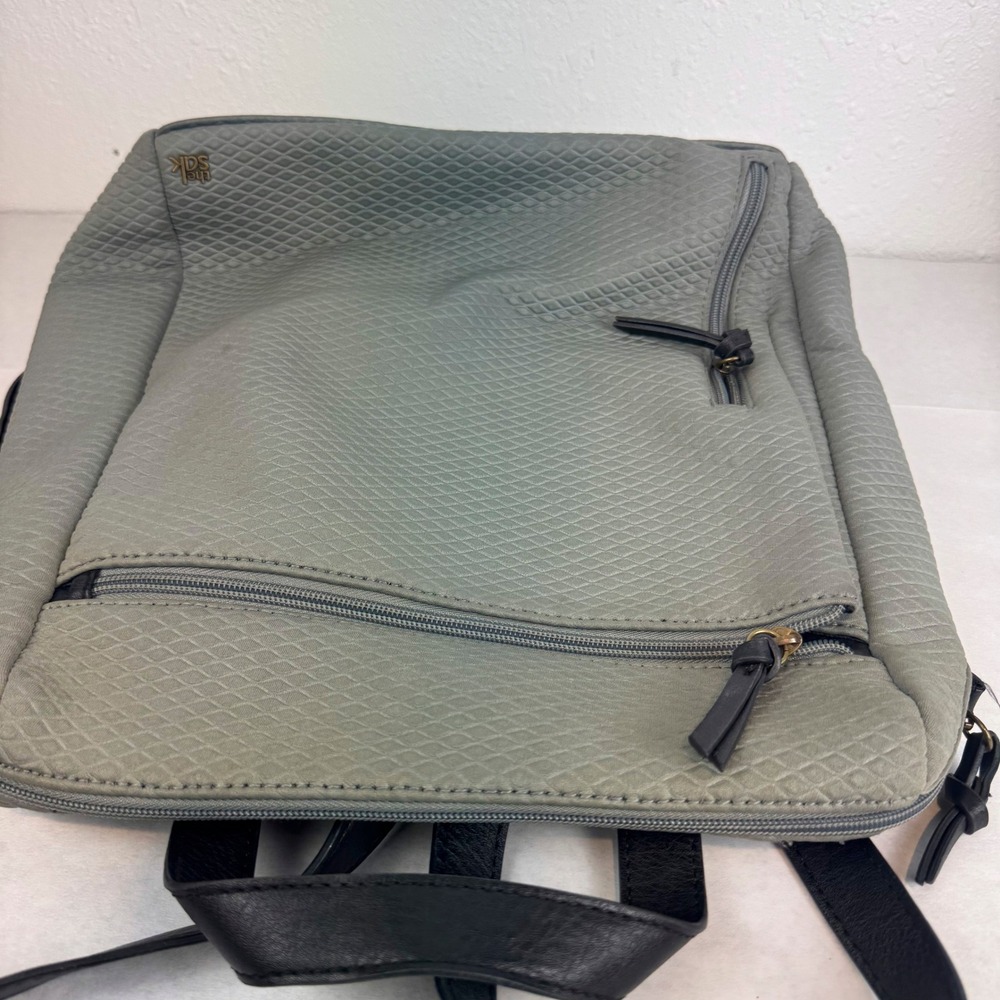 The Sak Sage Green Textured Fabric Backpack Black Straps Diamond Pattern Bag